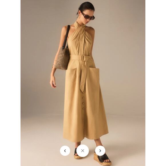 Commense Cotton Pleated Halter Neck Belted Midi Dress Sz M - Picture 3 of 7